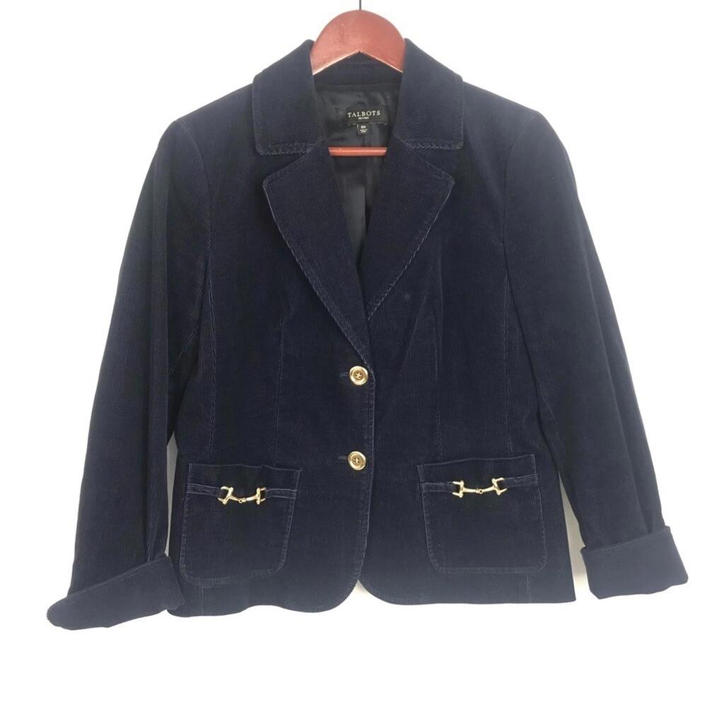 Talbots Navy Blue Corduroy Blazer Gold Horse Bit Pockets Women's Size 10 Petite